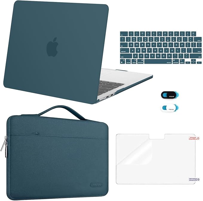 MOSISO Compatible with MacBook Air 13 inch Case 2025 2024 2023 2022 M4 A3240 M3 A3113 M2 A2681, Hard Shell&Sleeve Bag&Keyboard Skin&Webcam Cover&Screen Film for MacBook Air 13.6 inch, Teal Green