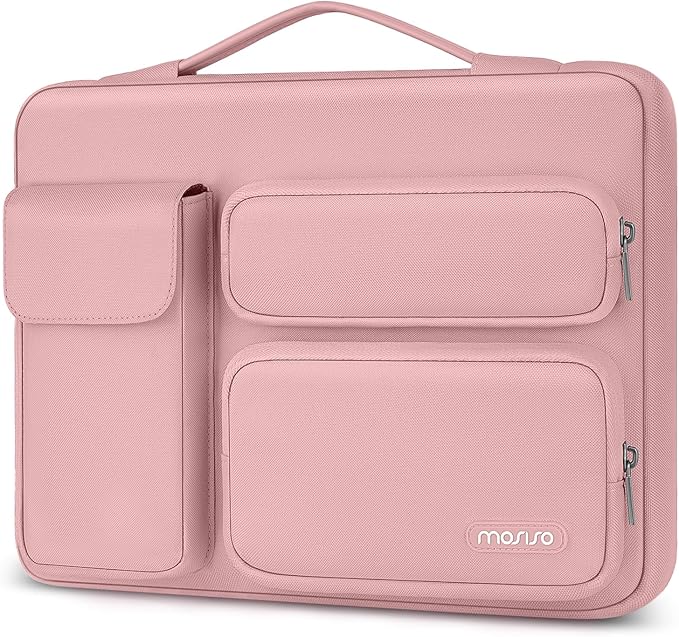 MOSISO 360 Protective Laptop Case 13.3 inch, 13-13.3 inch Laptop Sleeve Compatible with MacBook Air/Pro 13 / Pro 14, HP Dell ASUS Lenovo, Side Open Bag with 2 Raised&1 Flapover Pockets, Pink